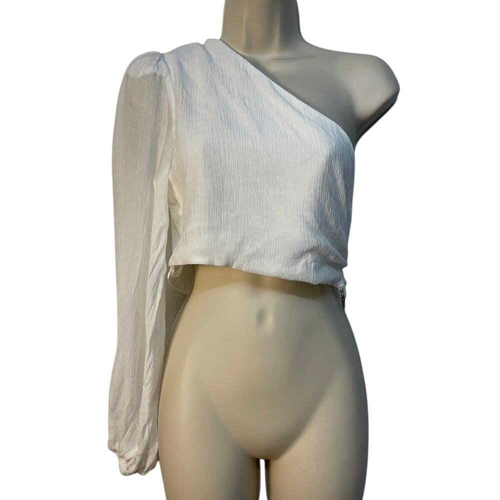 SHEIN Womens White One Shoulder Puff Long Sleeve Crop Top Ring Detail Size L